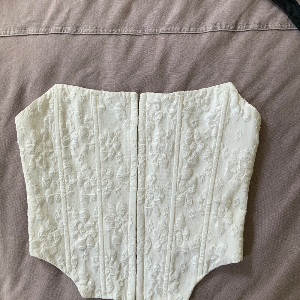 American Threads White Floral Embossed Strapless Crop Top